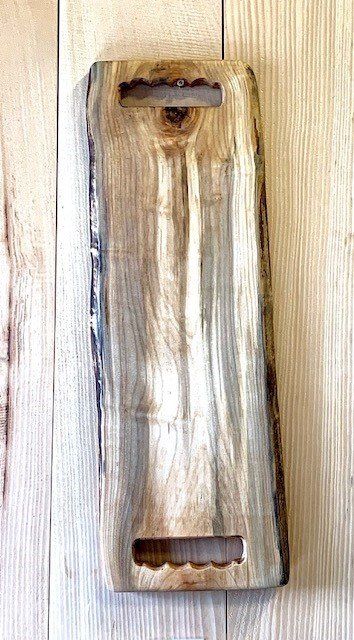 Spalted maple charcuterie board with carved handles. Spalted Sugar Maple serving board with handles.