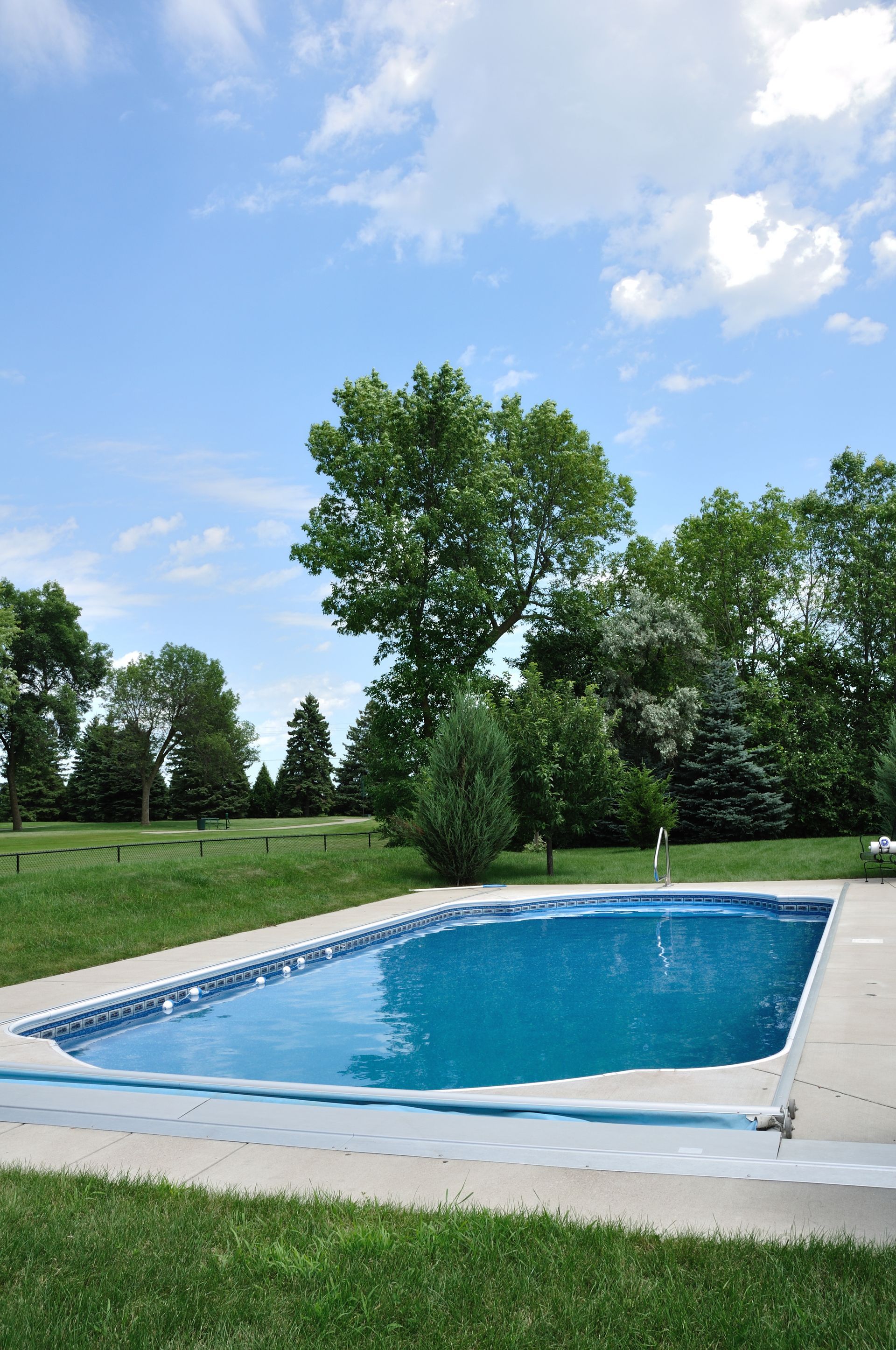 Outdoor backyard swimming pool with clear blue water, surrounded by grass and trees under a partly cloudy sky