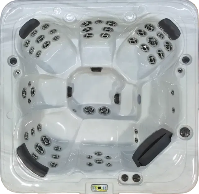 Top-down view of a white, square hot tub with multiple jet configurations, contoured seating, and dark gray headrests.