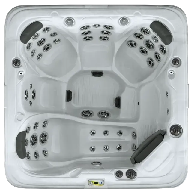 A top-down view of a white, square-shaped hot tub with multiple seats, dark gray headrests, and numerous water jets.