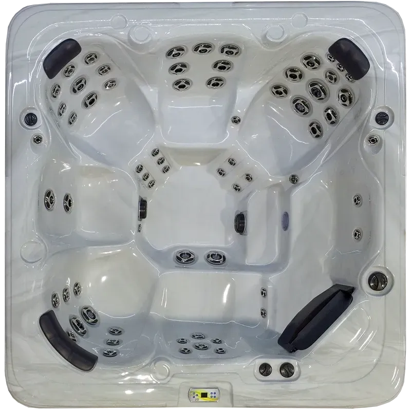 An empty, white, square hot tub with multiple seats, dark headrests, and numerous water jets, viewed from above.