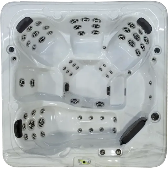 A top-down view of a white, square-shaped hot tub featuring built-in seating, multiple massage jets, and headrests.
