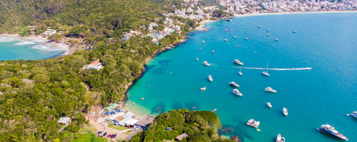 Uma vista aérea de uma baía com barcos e uma cidade ao fundo.