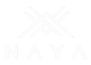 Logotipo minimalista blanco con la palabra “NAYA” y una X geométrica abstracta encima.