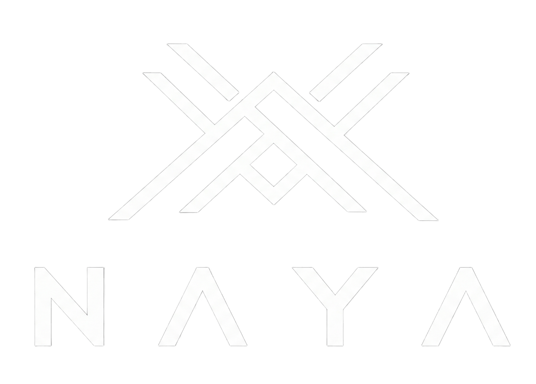 Logotipo minimalista blanco con la palabra “NAYA” y una X geométrica abstracta encima.