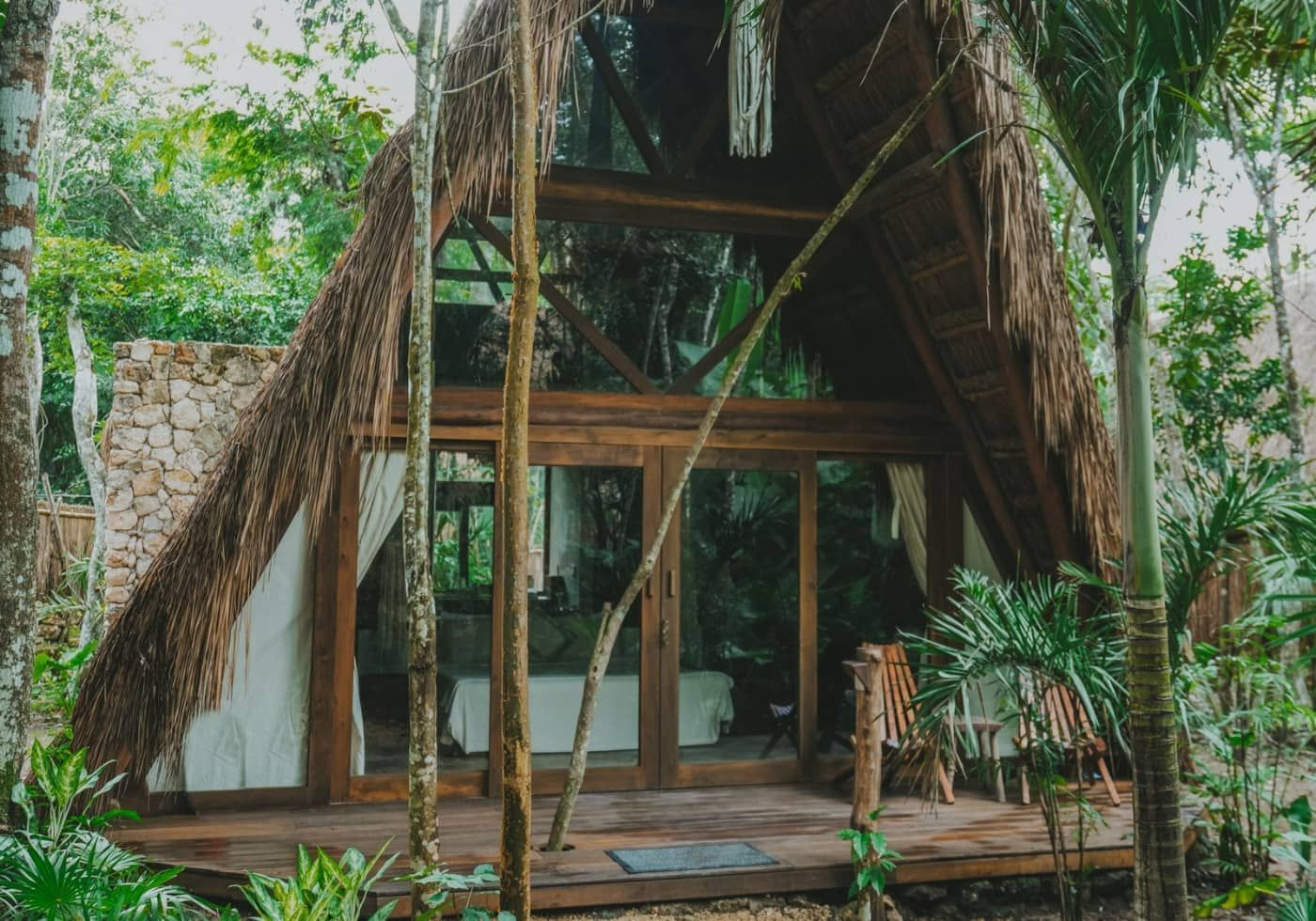 Una cabaña rústica de bambú con estructura en forma de A, rodeada de exuberante vegetación tropical y enredaderas.