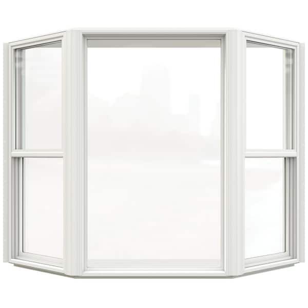 A white bay window with three windows on a white background.