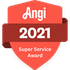 a red shield with the words `` angi 2021 super service award '' written on it .