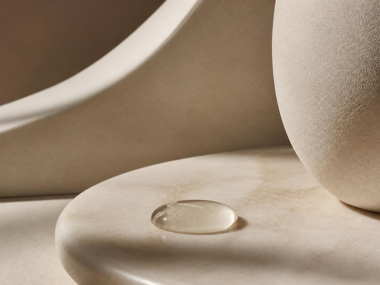 Sculptural forms in bone and clay tones with a single serum drop