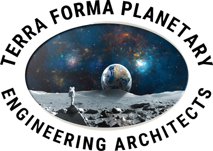 Terra Forma Planetary Engineering Architects logo with astronaut on lunar surface and Earth in starry sky