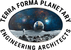 Terra Forma Planetary Engineering Architects logo with astronaut on lunar surface and Earth in starry sky