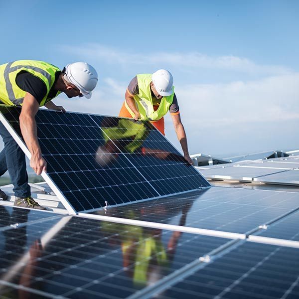 Two workers in safety vests installing solar panels on a rooftop under a blue sky