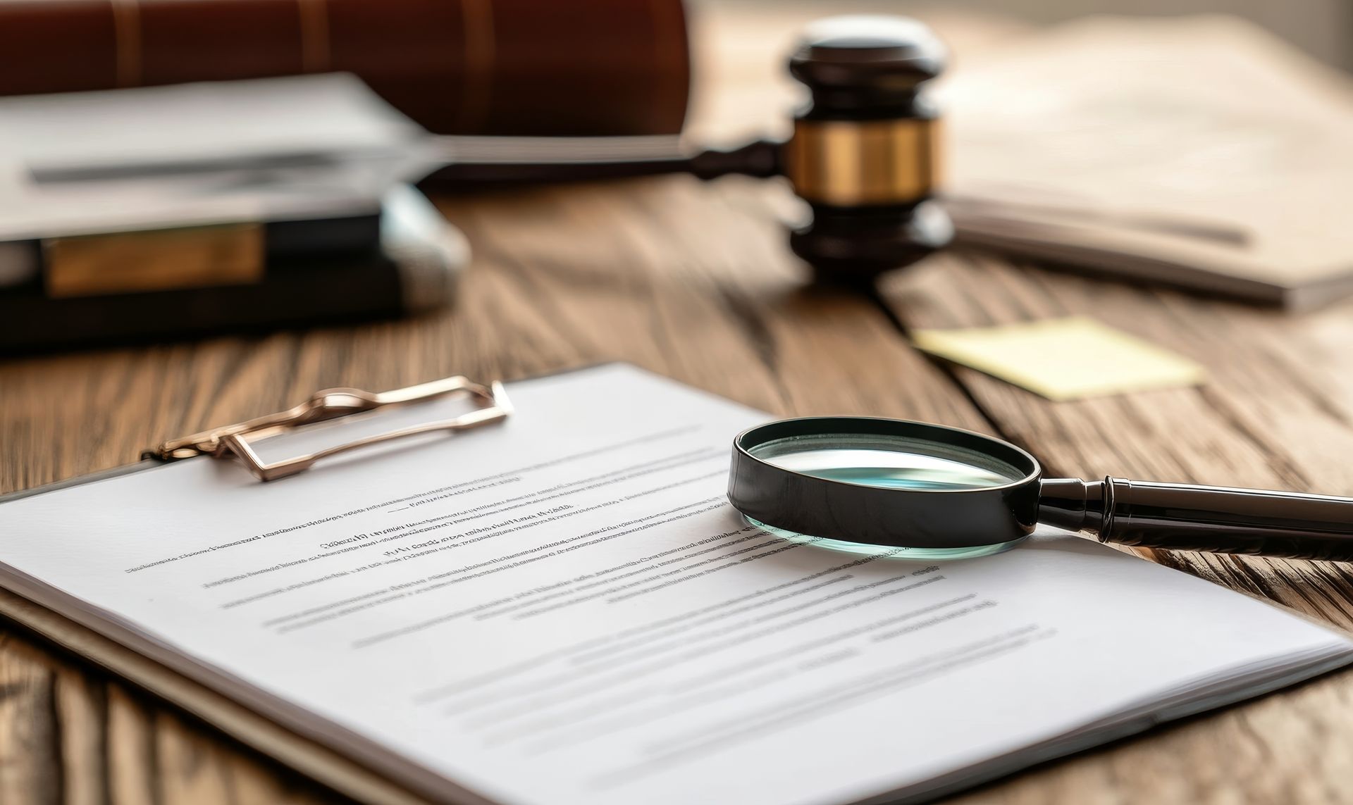 Clipboard with documents, magnifying glass, and judge’s gavel on a wooden desk.
