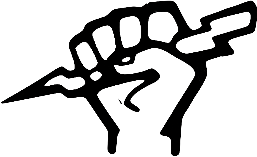 Black-and-white graphic of a clenched fist holding a pen or stylized tool.