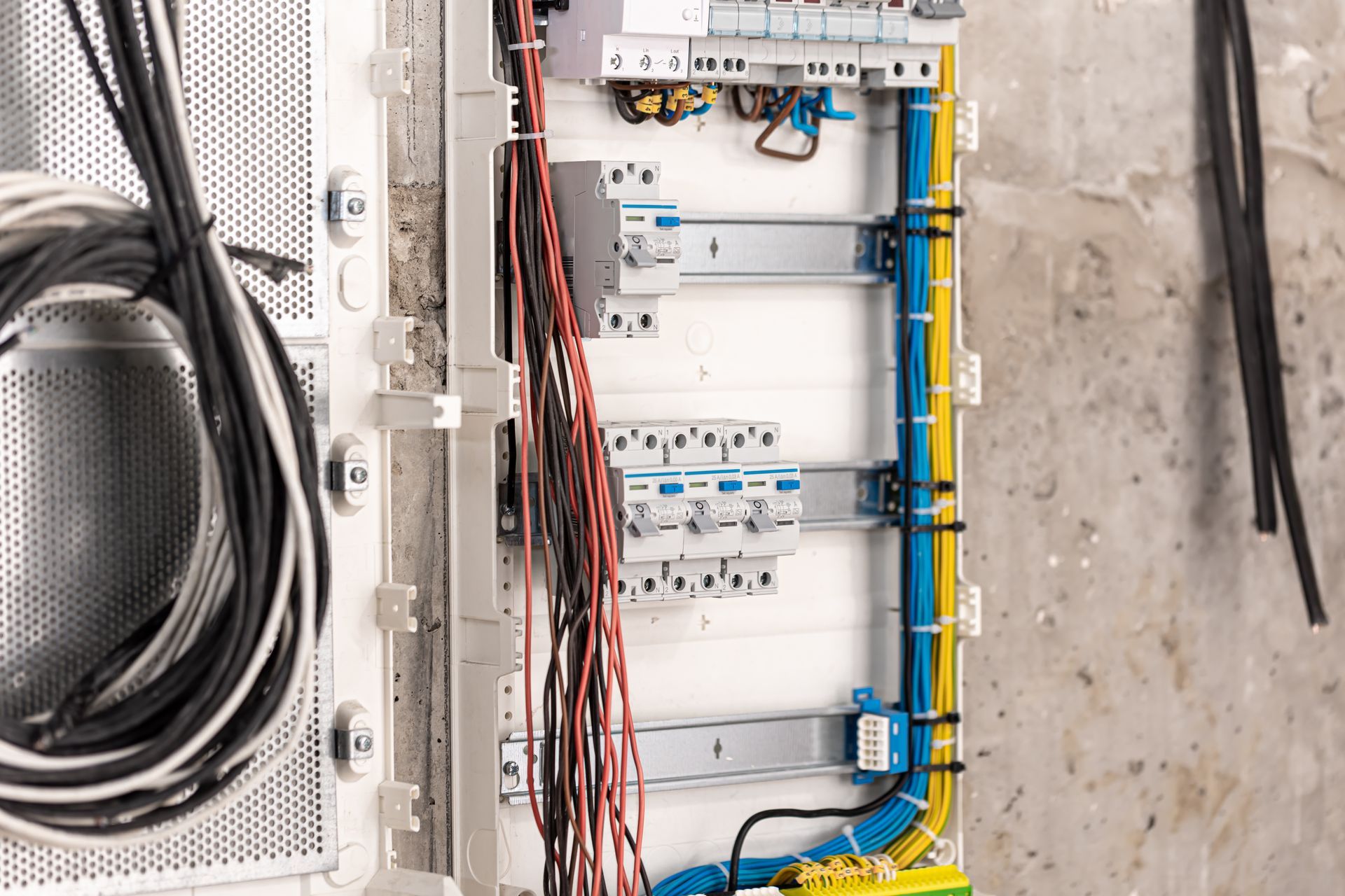 Open electrical panel with exposed wiring and circuit breakers in a utility room.