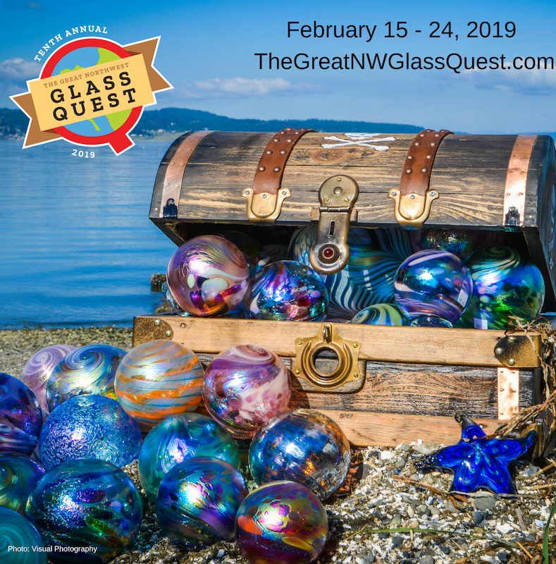A poster for the great nw glass quest shows a treasure chest filled with glass balls