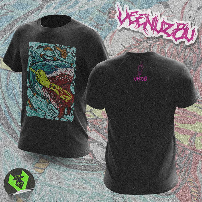 Mockup de camiseta preta com estampa em tons de verde-água neon e rosa na frente e nas costas, e logo em estilo grafite acima.