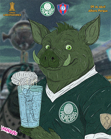 Javali verde com camisa escura segurando uma bebida gelada, com logotipos da equipe em um fundo que lembra um estádio.