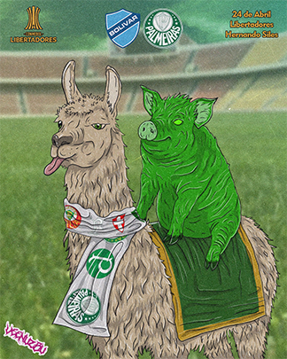 Uma lhama de desenho animado e um porco verde usando cachecóis, em um cenário de estádio com logotipos de times.