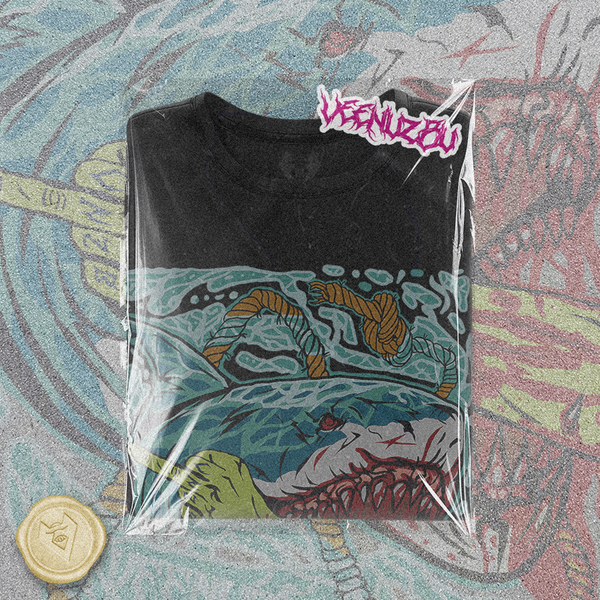 Camiseta preta estampada, dobrada e embalada em plástico transparente, com um colorido desenho de ondas do mar e etiqueta rosa sobre o tecido estampado.