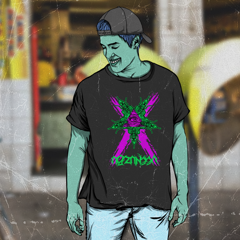 Figura estilizada de pessoa usando boné preto e camiseta com estampa neon em tons de roxo e verde, em uma cena urbana desfocada.