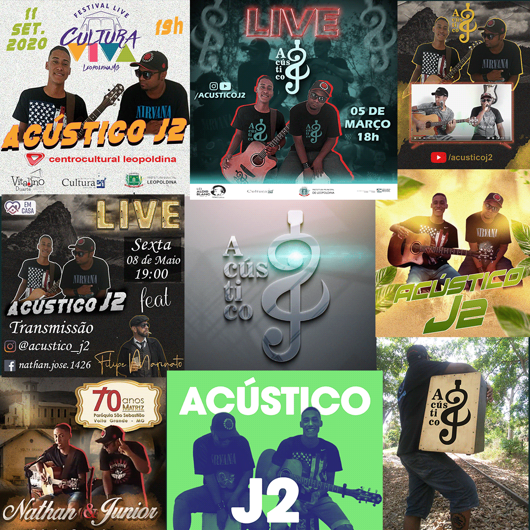 Colagem de cartazes coloridos de shows anunciando apresentações de música acústica ao vivo, com artistas e datas.