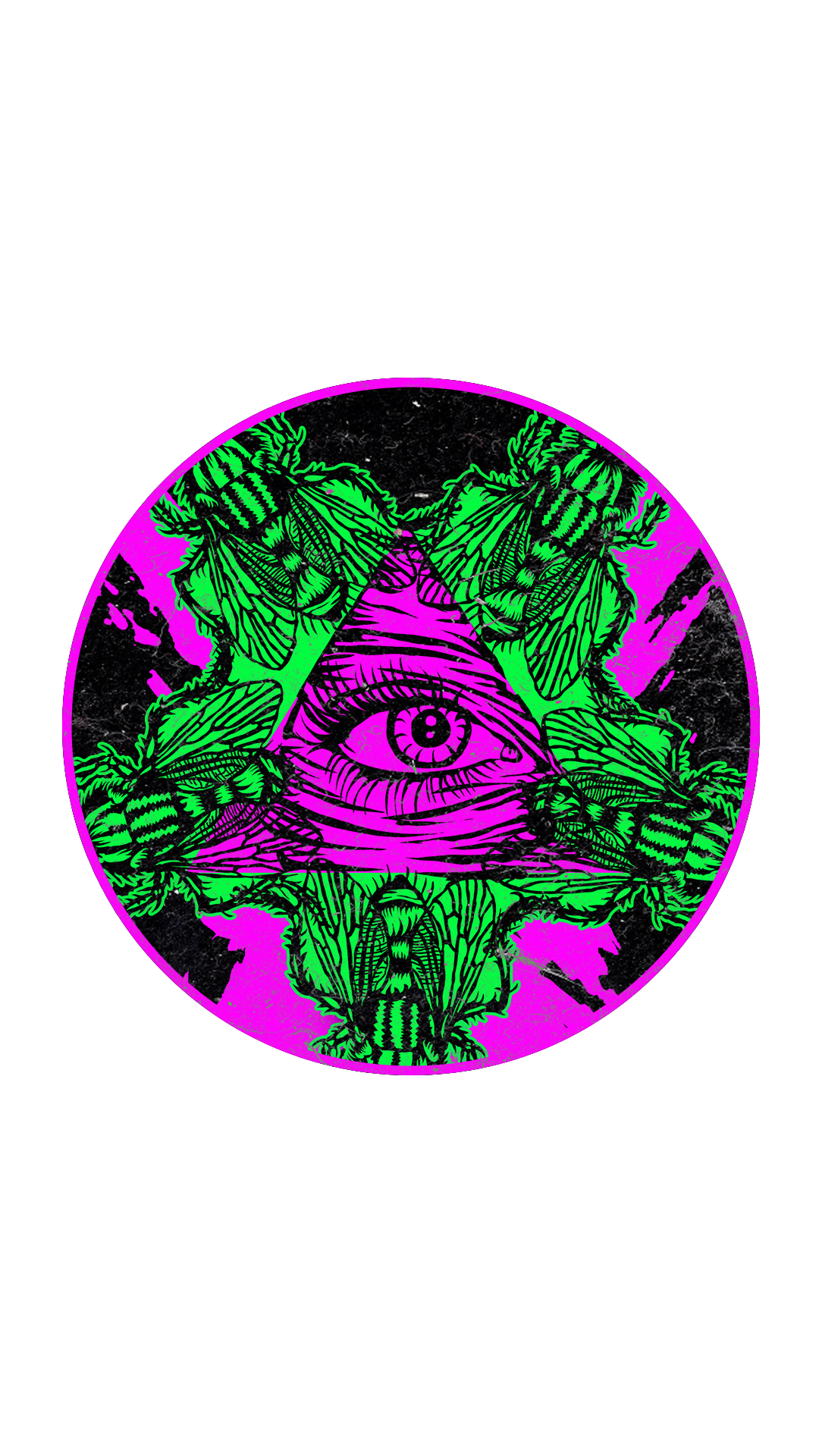Olho circular verde neon e magenta dentro de um triângulo, rodeado por padrões texturizados abstratos.