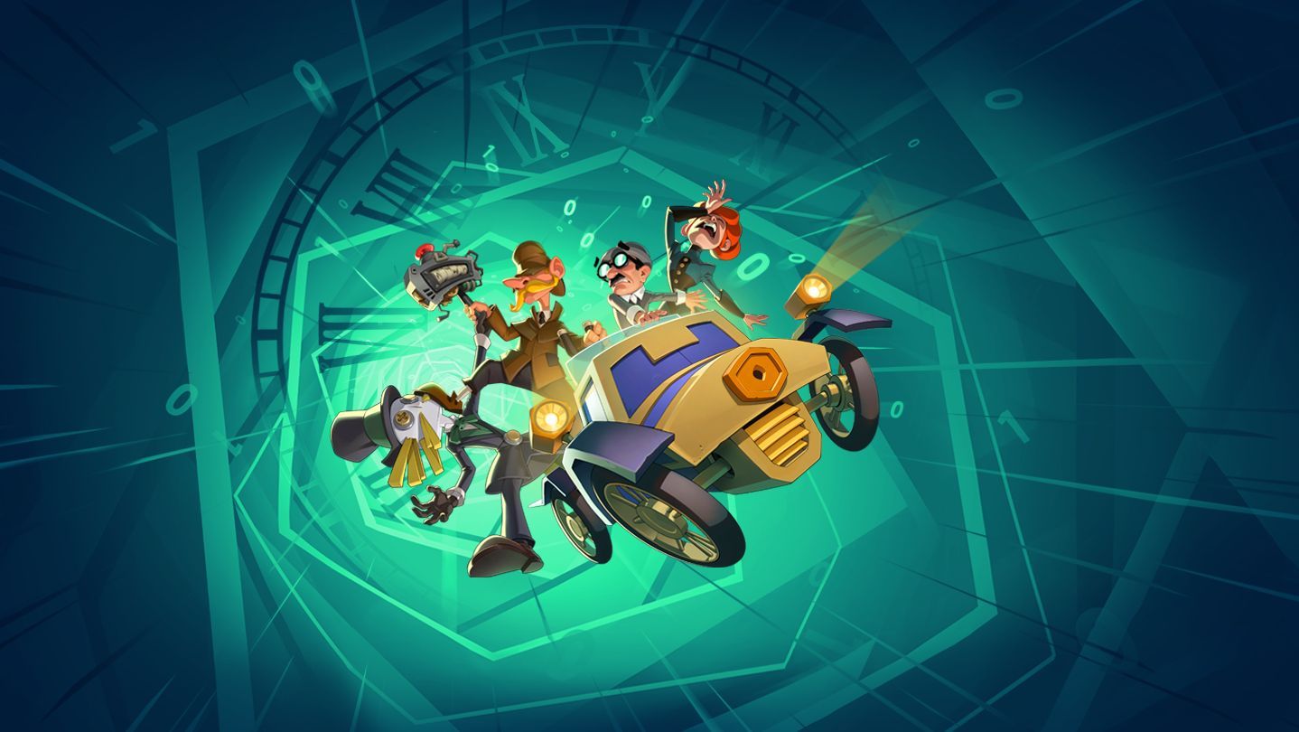 Uma equipe de desenho animado posa ao redor de um carro futurista em um portal hexagonal verde brilhante.