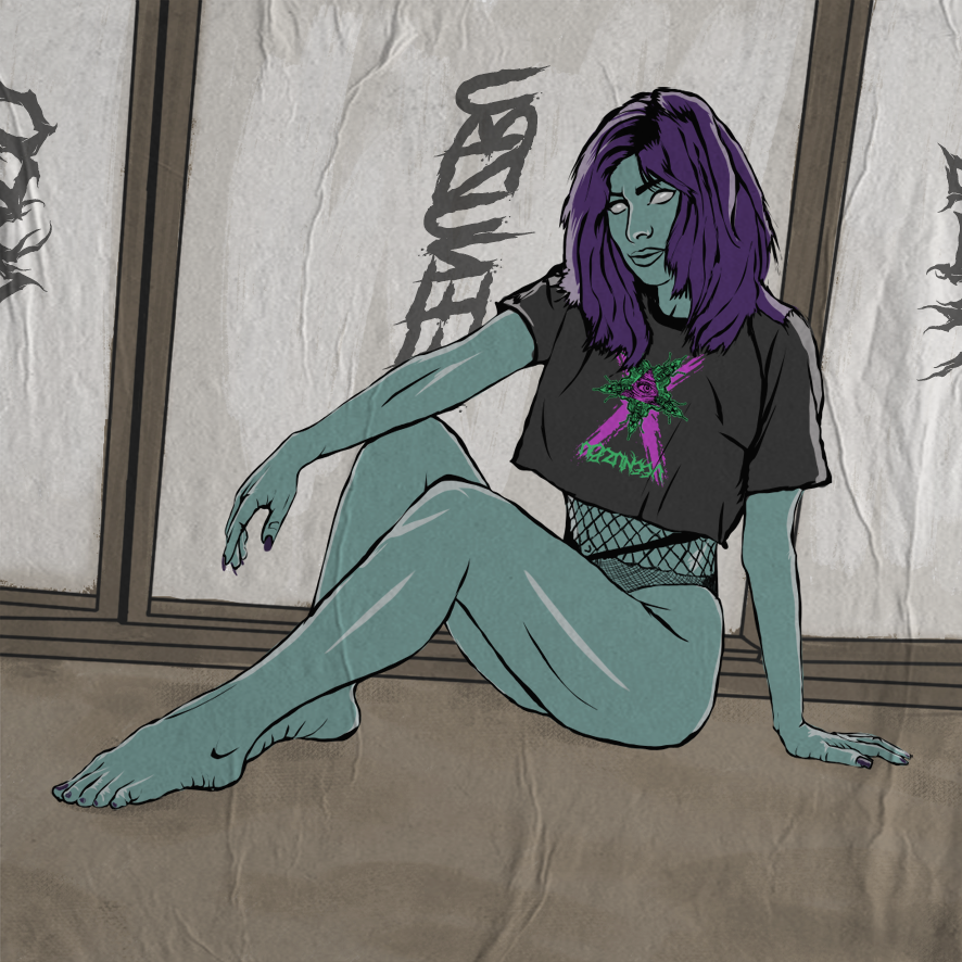 Figura ilustrada de pele azul e cabelo roxo sentada no chão encostada em uma parede com inscrições japonesas.