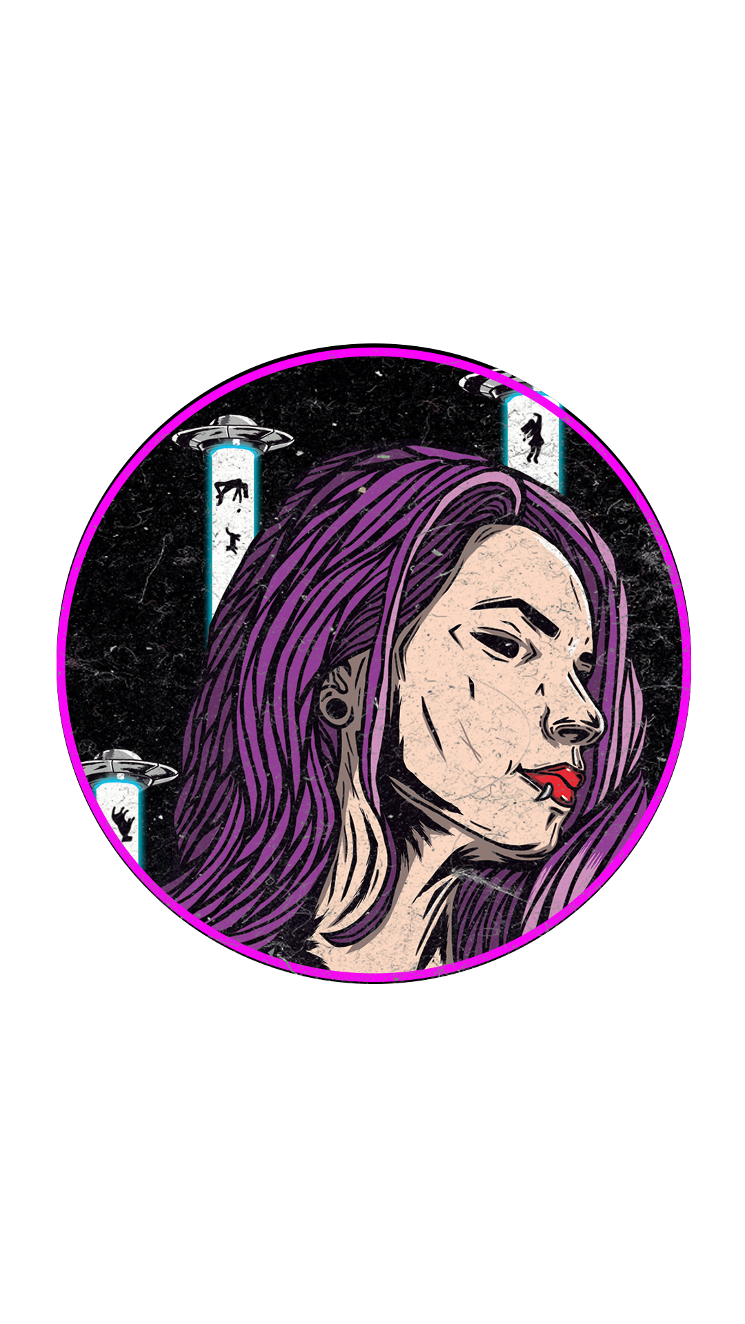 Retrato ilustrado de perfil com cabelo roxo em uma moldura circular magenta sobre um fundo escuro.