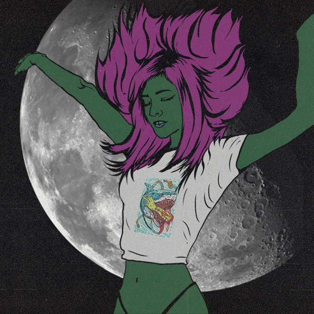Dançarina de pele verde e cabelo roxo, com os braços erguidos diante de uma grande lua ao fundo.