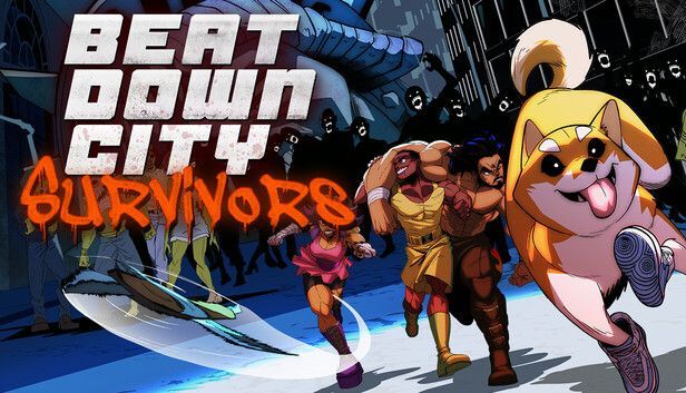 Arte do jogo Beat Down City Survivors com lutadores, título em grafite e uma personagem loira e alta à direita.