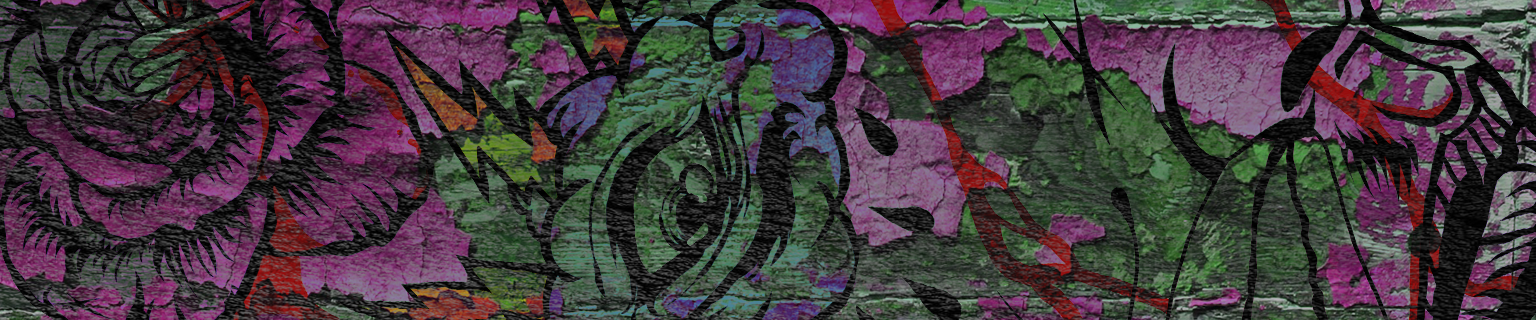 Padrão abstrato em mosaico nas cores roxa e verde, com linhas pretas ramificadas e formas de folhas.