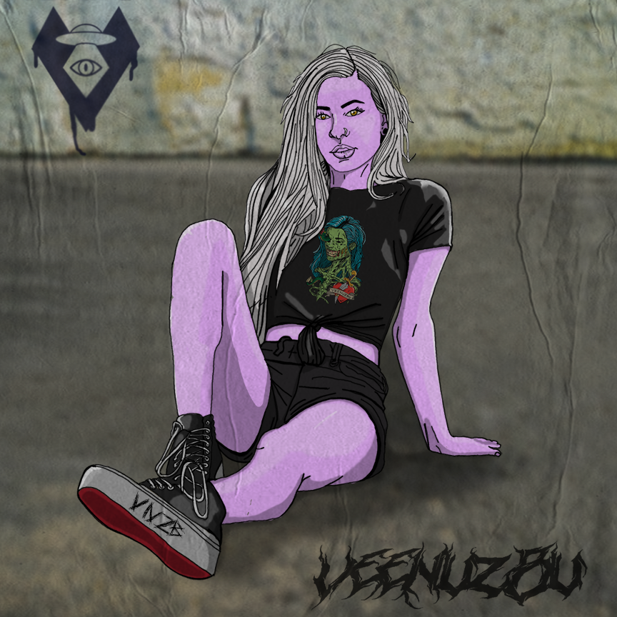 Ilustração de uma mulher vestida de preto sentada encostada em uma parede, com tons de pele roxos e grafite por perto.