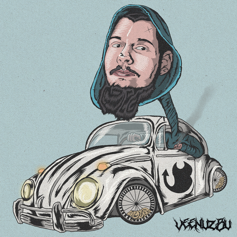 Um personagem de desenho animado, com capuz, dirige um Fusca branco com o logotipo da Aliança Rebelde.