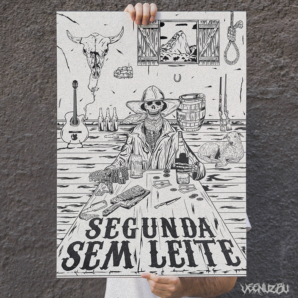 Desenho em preto e branco de um cowboy sentado à mesa com a inscrição