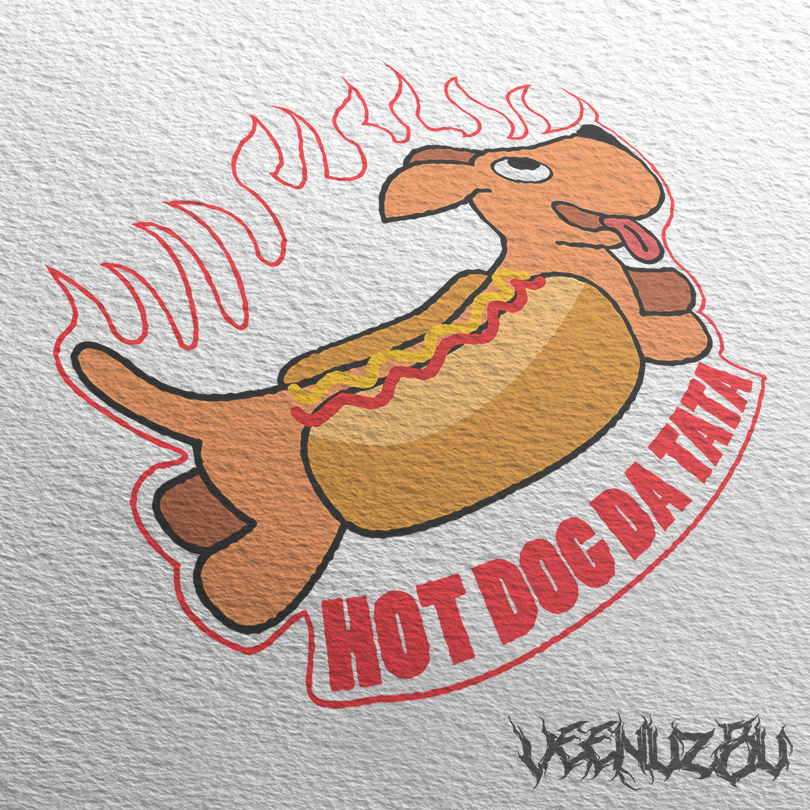 Cachorro-quente de desenho animado com chamas vermelhas e a inscrição “HOT DOG A TAIL” em um fundo cinza texturizado.