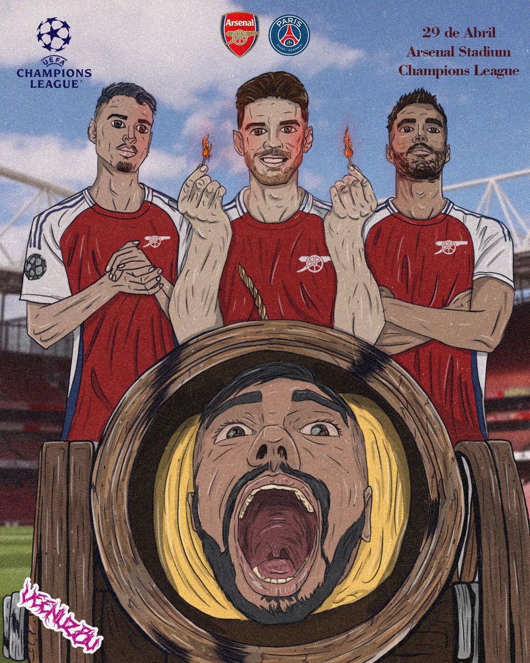 Pôster ilustrado de futebol com jogadores do Liverpool vestidos de vermelho acima de um torcedor entusiasmado usando um chapéu de palha.