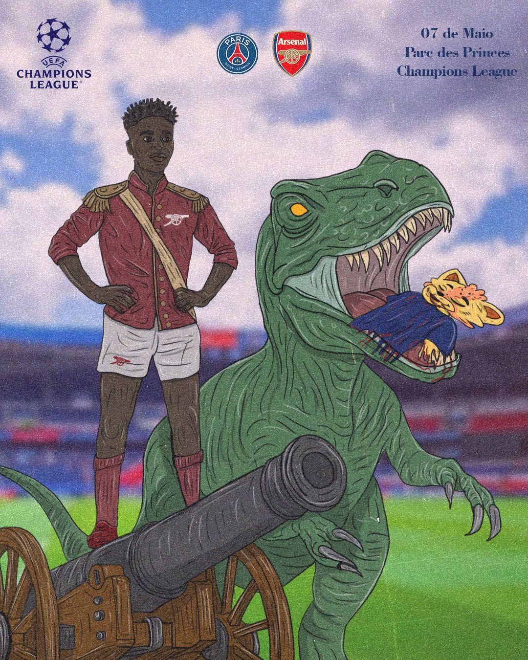 Pôster de futebol com um jogador e um T-Rex verde ao lado de um canhão, com os logotipos do FC Barcelona e do Arsenal acima.