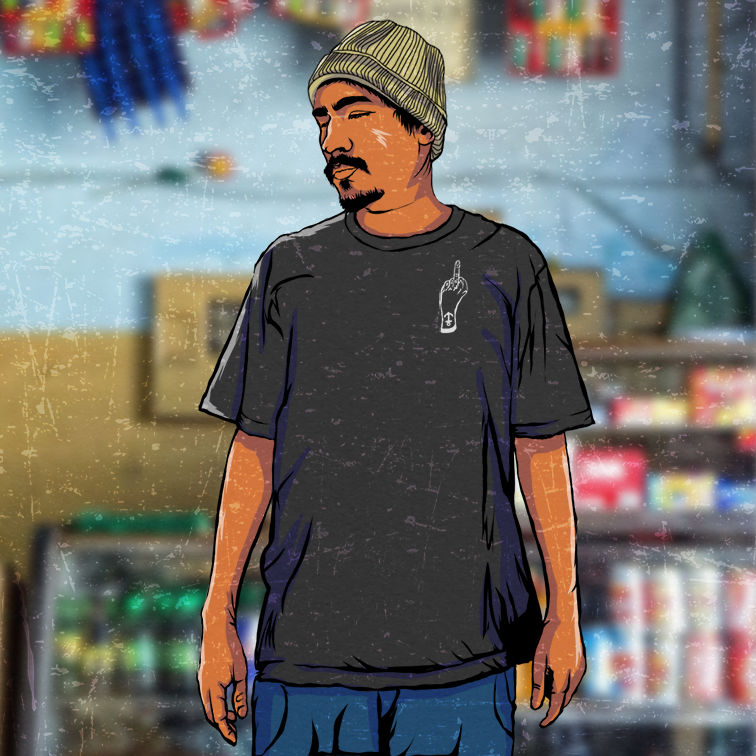 Ilustração estilizada de um homem com camiseta preta e gorro de lã em pé no corredor desfocado de uma loja.