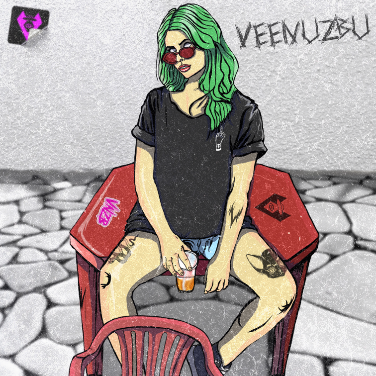 Uma pessoa de cabelo verde está sentada em uma cadeira vermelha com uma bebida, cercada por pedras e grafites.