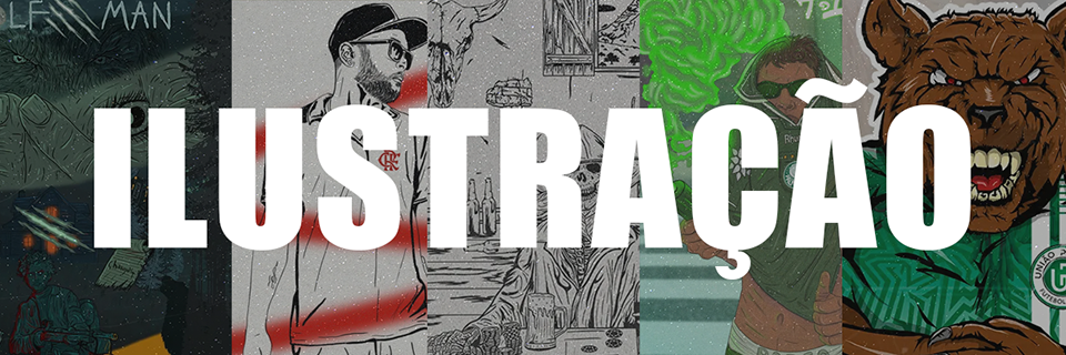 Colagem de ilustração com a palavra “ILUSTRAÇÃO” em branco sobre fundo multicolorido.