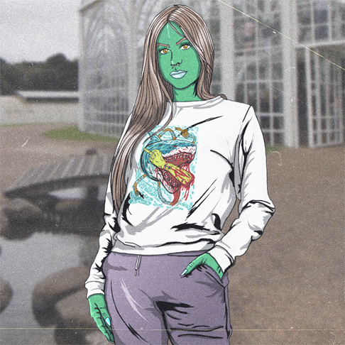 Ilustração de uma mulher vestindo um moletom branco com estampa e calça roxa, em pé ao ar livre perto de um prédio moderno.