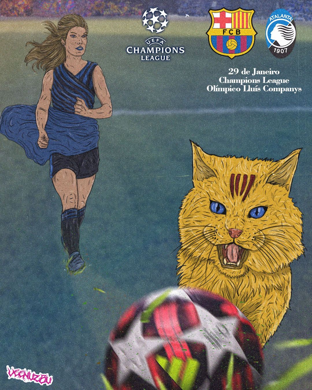 Pôster de Lionel Messi do FC Barcelona com logotipos da Liga dos Campeões e uma ilustração de um gato perto de uma bola de futebol.