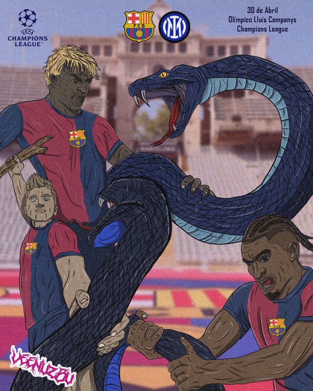 Jogadores do FC Barcelona e da Inter de Milão enfrentam uma serpente azul em um pôster da Liga dos Campeões em estilo de quadrinhos.