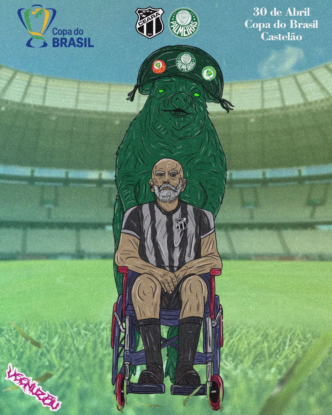 Torcedor mascarado em cadeira de rodas em um estádio, com um grande mascote verde atrás e logotipos com temática brasileira acima.
