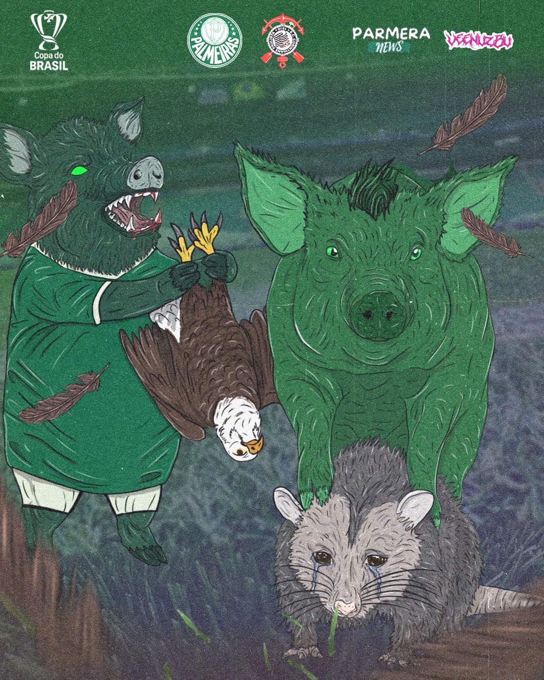 Ilustração de um porco verde e um animal cinza menor com uma pessoa vestida de verde, em uma cena escura que lembra giz.