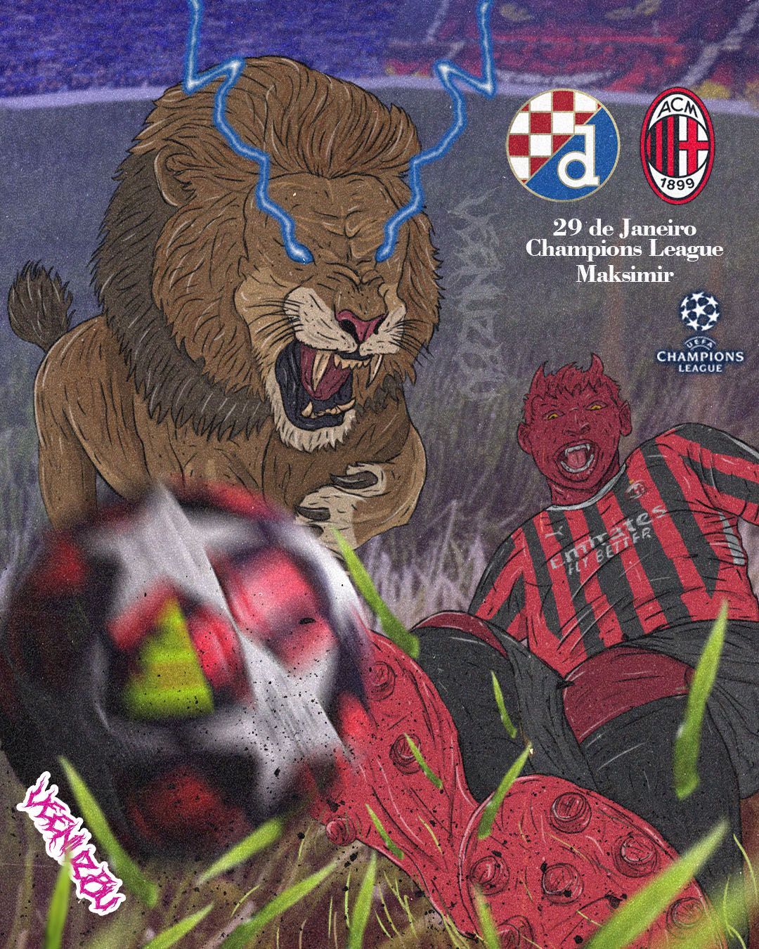Pôster de futebol de clube croata com um leão rugindo, os logotipos do Dinamo e do AC Milan e figuras de ação em vermelho e preto.