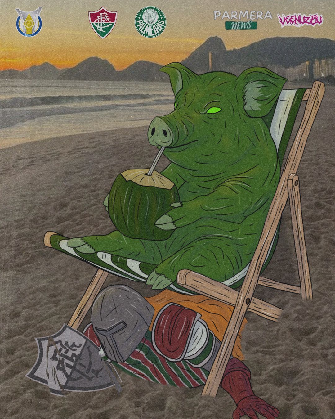 Porco verde reclinado em uma cadeira de praia na areia ao pôr do sol, com chapéus e uma bolsa listrada por perto.