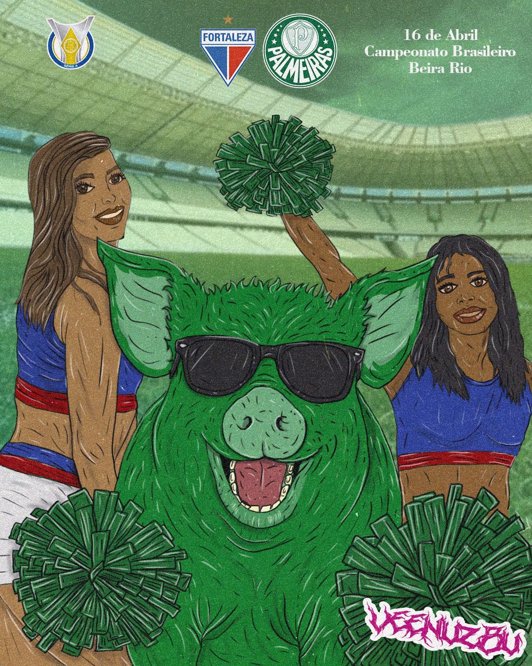Mascote de óculos escuros em um estádio, ladeada por líderes de torcida segurando pompons verdes e com o logotipo de um time esportivo acima.